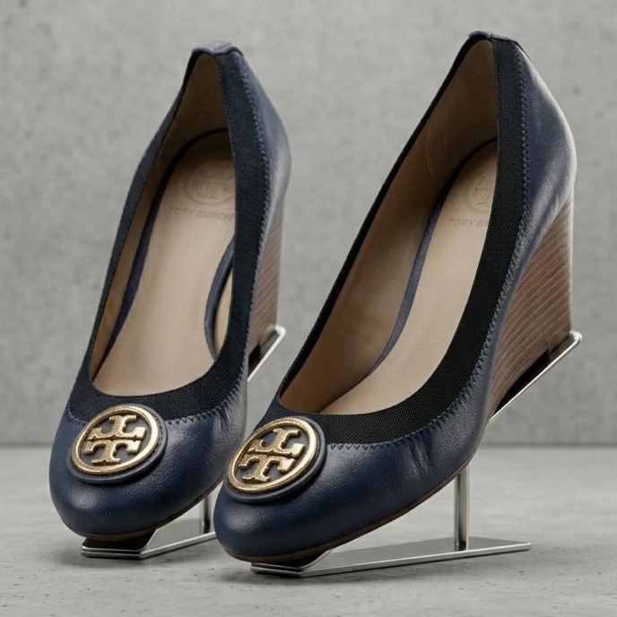 Tory Burch Caroline Wedge Pumps | Midnight Blue Leather | Gold Logo Medallion 6m